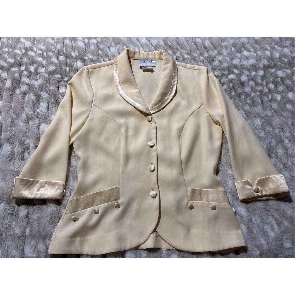 Vintage 80's Leslie Belle Satin Trim Blazer Size 10 Collared Retro Soft Yellow